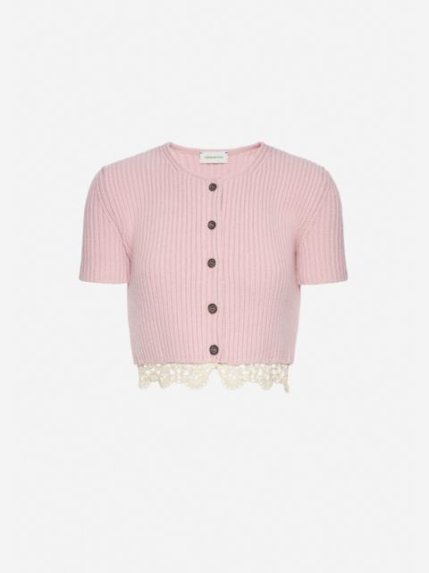 MAGDA BUTRYM Short-sleeve crochet-trim cropped cardigan in light pink