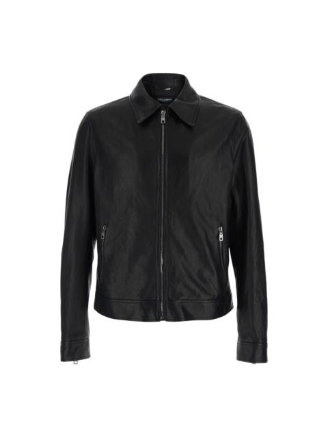 Dolce & Gabbana Black Jacket With Classic Collar And Logo Patch On The Back In Leather Man
