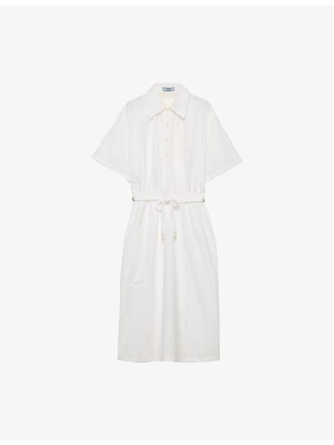 Prada Waist-Tie Short-Sleeve Cotton-Poplin Midi Dress