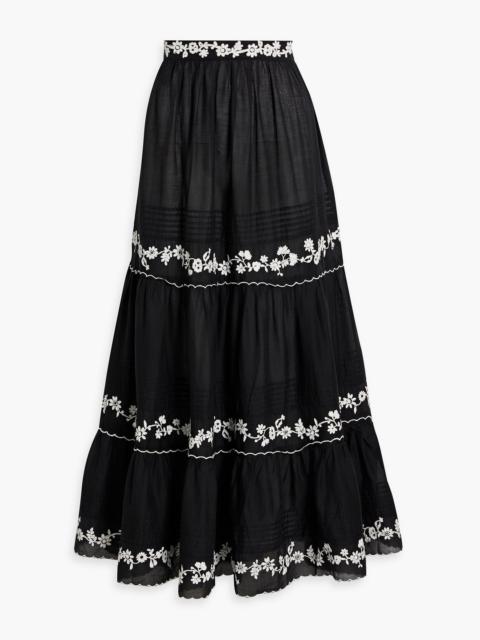 FARM RIO Embroidered cotton-voile maxi skirt