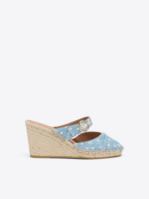 MALONE SOULIERS Farah 70 Blue Floral Denim Wedge Mules