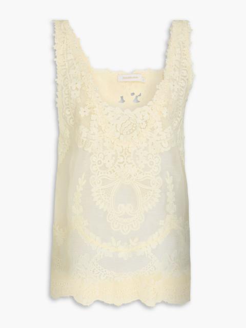 Zimmermann Guipure lace-paneled linen and silk-blend gauze tank