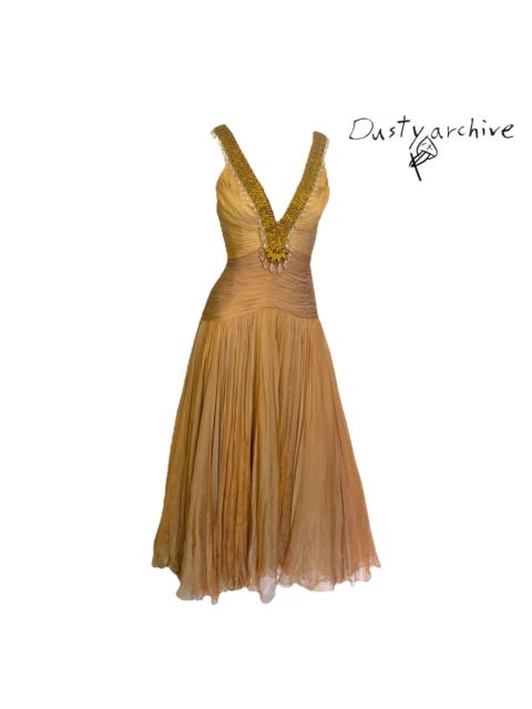 VERSACE Versace 2006ss gold plunging neckline embossed crystal silk draped dress 38