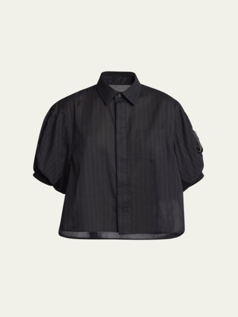 sacai Hybrid Pinstripe Puff-Sleeve Blouse