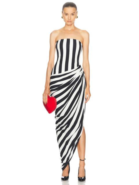 Balmain Bustier Stripe Draped Jersey Long Slit Dress
