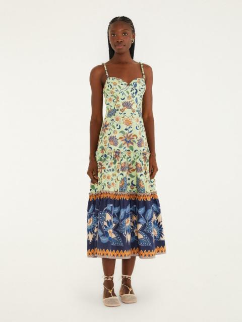 FARM RIO Green Floral Delhi Tapestry Beaded Straps Midi Dress