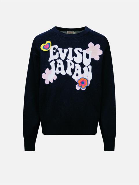 EVISU Text Jacquard Fashion Fit Knit Sweater with Crochet Badges