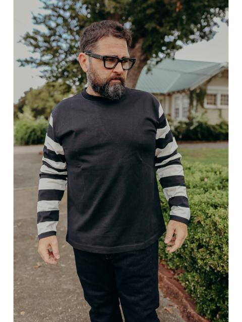 Iron Heart 7.5OZ COTTON LONG-SLEEVED CREW NECK BORDER TEE - BLACK BODY WITH STRIPED ARMS IHTB-11-BLK