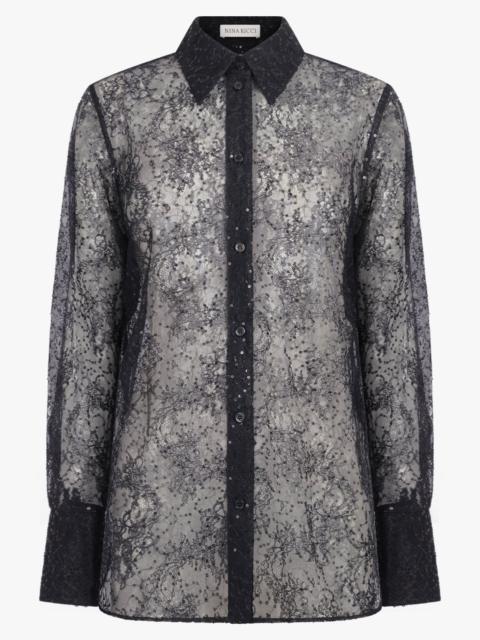NINA RICCI L/S SEQUIN SHEER SHIRT WITH BELL SLEEVES | BLACK