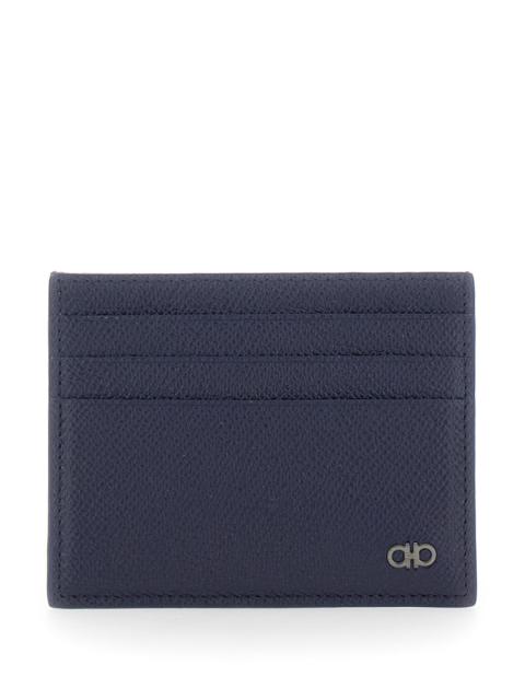 FERRAGAMO Ferragamo Men Blue Card Holder With Micro Gancini On The Front And Logo Lettering On The Back In Gra