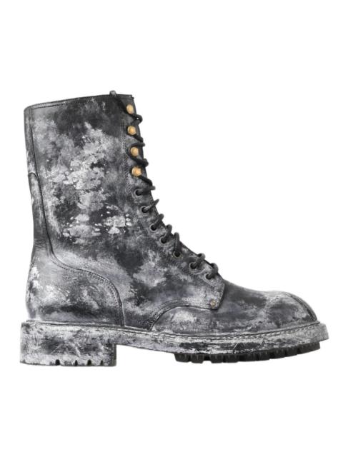 Dolce & Gabbana Black Gray Leather Mid Calf Boots Shoes