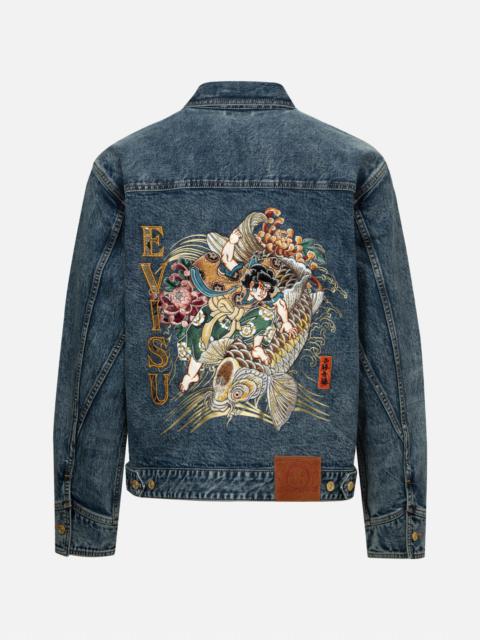 EVISU KAMON AND SEAGULL BROCADE APPLIQUÉ WITH CARP EMBRODIERY RELAX FIT DENIM JACKET
