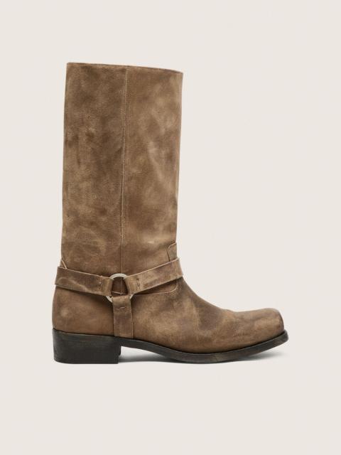 Golden Goose Women's high Biker boots in dark beige waxed suede with strap and a silver-colored buckle