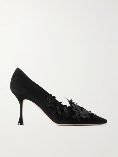 Manolo Blahnik Harneclo 90 Appliquéd Suede Pumps
