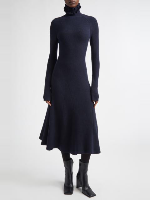Alaïa Alaïa Long Sleeve Wool & Silk Blend Fit & Flare Sweater Dress in Marine at Nordstrom