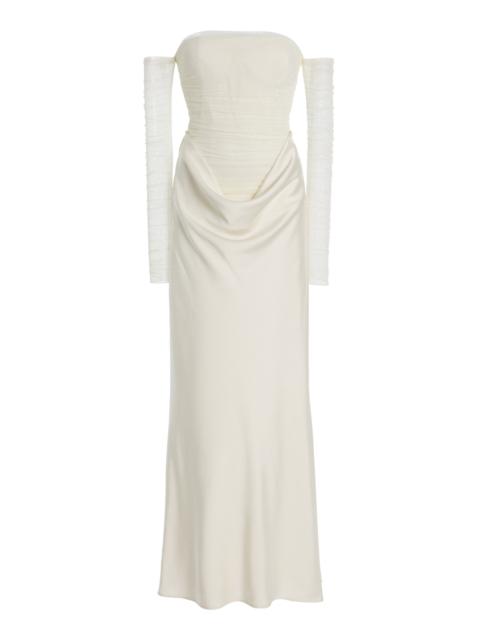 ROTATE Ruched Tulle and Satin Maxi Dress white