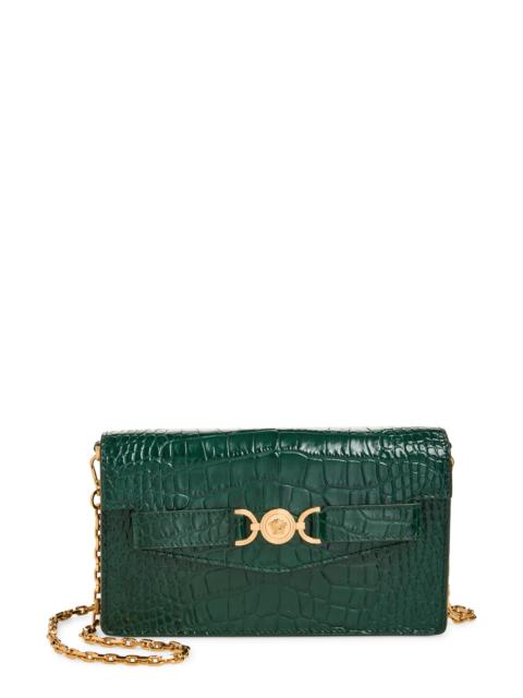 VERSACE Versace Medusa Croc Embossed Leather Wallet on a Chain in Dark Emerald Gold at Nordstrom