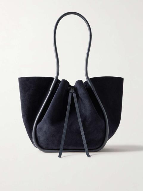 Large leather-trimmed ruched suede tote