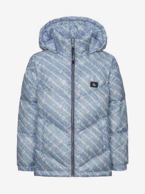 EVISU Allover Slogan and Kamon Print Fashion Fit Down Jacket with Detachable Hood