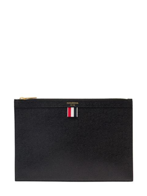 THOM BROWNE BLACK DOCUMENT HOLDER WITH GRAINED TEXTURE AND WEB DETAIL IN LEATHER MAN