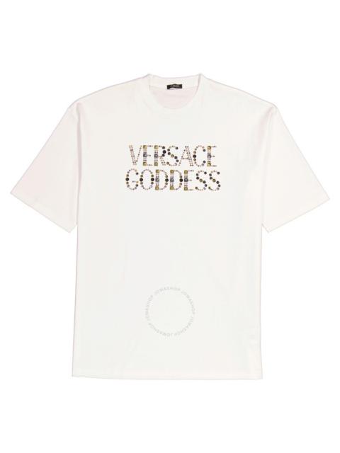 Versace Ladies Optical White Studded Versace Goddess Cotton T-Shirt