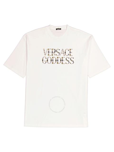 VERSACE Versace Ladies Optical White Studded Versace Goddess Cotton T-Shirt