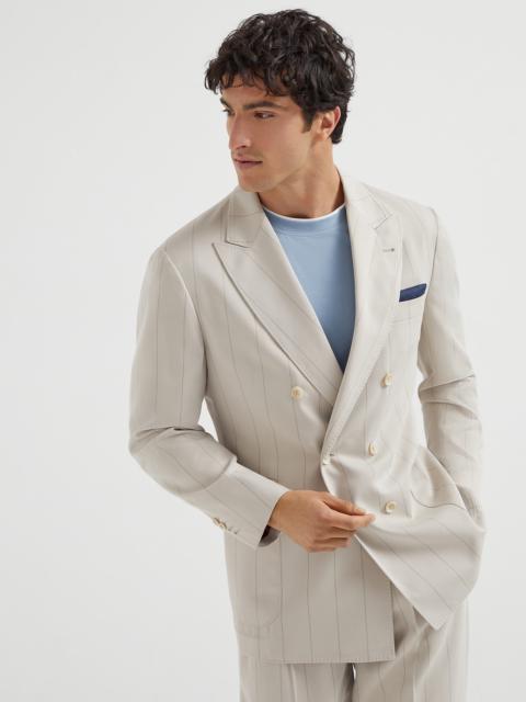 Brunello Cucinelli Silk wide chalk stripe twill one-and-a-half breasted deconstructed blazer with patch pockets