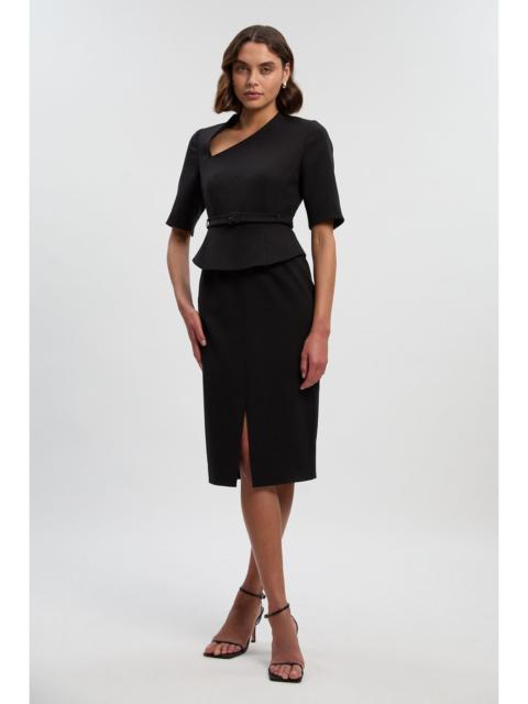 KAREN MILLEN Structured Crepe Forever Asymmetric Neck Belted Pencil Midi Dress