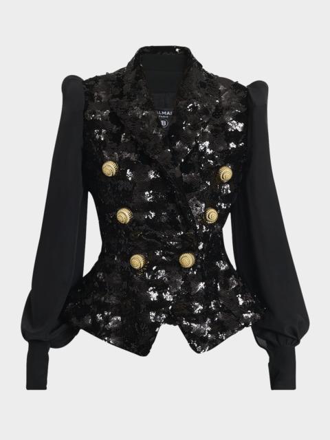 Sequined Double-Breasted Blazer with Muslin Sleeves