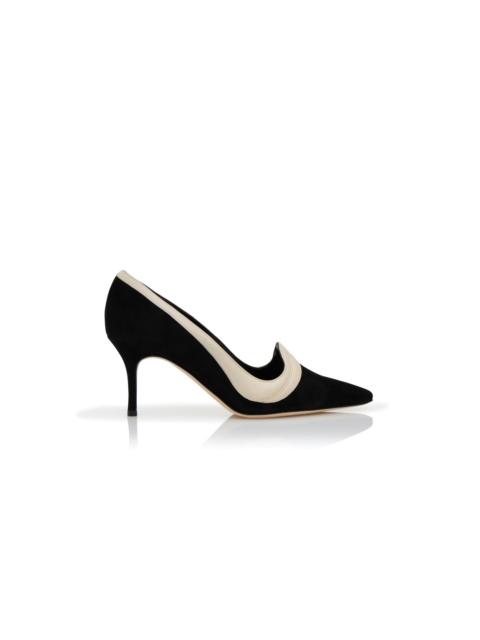 Manolo Blahnik Black and Light Cream Suede Pointed Toe Pumps