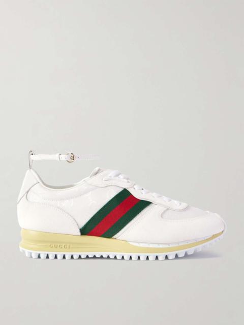 Nora leather and webbing-trimmed suede and canvas-jacquard sneakers White