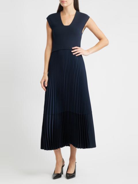 BOSS BOSS Flissani Pleated Mixed Media A-Line Dress in Sky Captain at Nordstrom