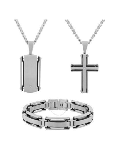 Robert Alton - Robert Alton Men's Diamond Accent Black and White Stainless Steel Jewelry Set – Cross, Dog Tag & Bra