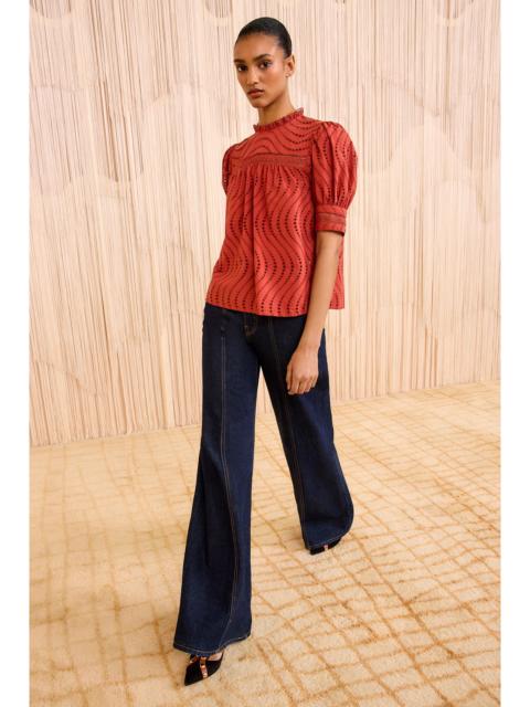 ULLA JOHNSON Virginia Lace Collar Short Sleeve Blouse