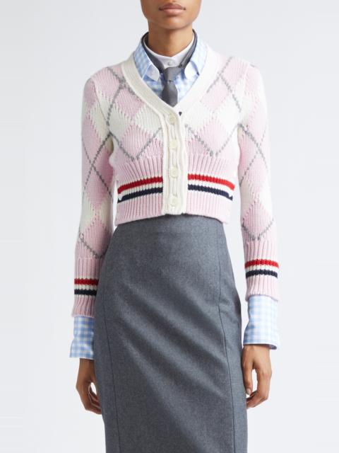 Thom Browne Thom Browne Argyle Intarsia Shrunken Virgin Wool Blend Cardigan in Light Pink at Nordstrom