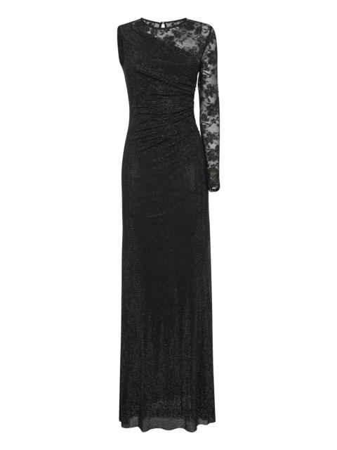 self-portrait Black rhinestone mesh and lace maxi dress