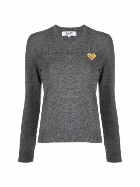 Comme des Garçons PLAY WOMENS V-NECK PULLOVER WITH GOLD HEART - MED GREY