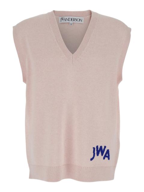 Other Designers J.W. ANDERSON - Jw Anderson Men Pink Sleeveless Vest With V Neck And Contrasting Logo Embroidery On The Front In Cot
