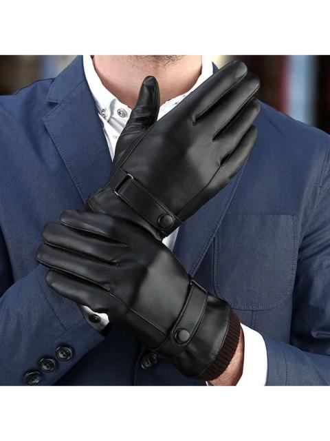 Men Gloves Black Pu Leather Winter Mittens
