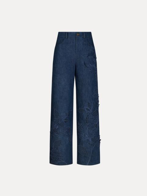 Oscar de la Renta PORCELAIN FLOWER CUTOUT DENIM PANT