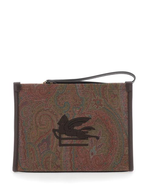 Etro Etro Women 'Arnica' Brown Clutch With Embroidered Logo On The Front And All-Over Motif In Cotton Ble
