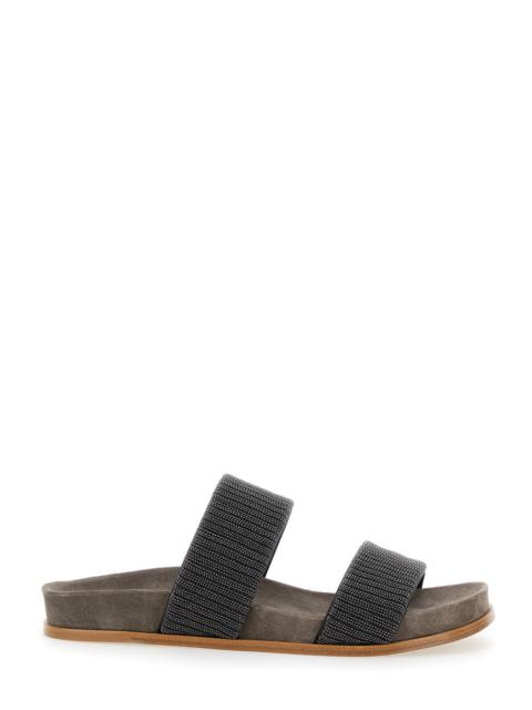 Brunello Cucinelli Women Grey Sandals With Monile Decoration And Round Open Toe In Suede And Cotton 