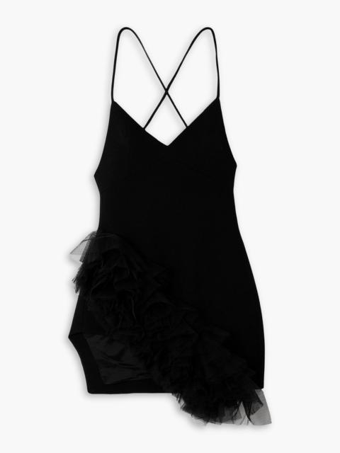 David Koma Asymmetric tulle-trimmed wool-crepe mini dress