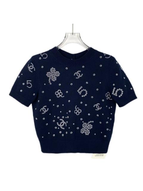 Chanel Navy Blue Short-Sleeve Cardigan Sweater With White Embellished Patterns &
