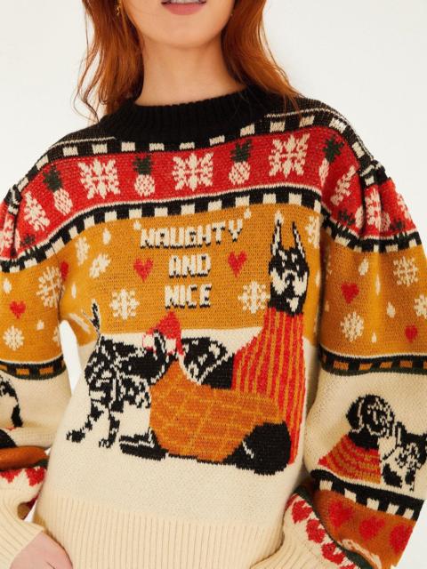 FARM RIO Multicolor Naughty And Nice Puff Sleeve Knit Sweater
