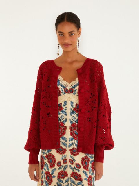 FARM RIO Red Crochet Flower Knit Cardigan