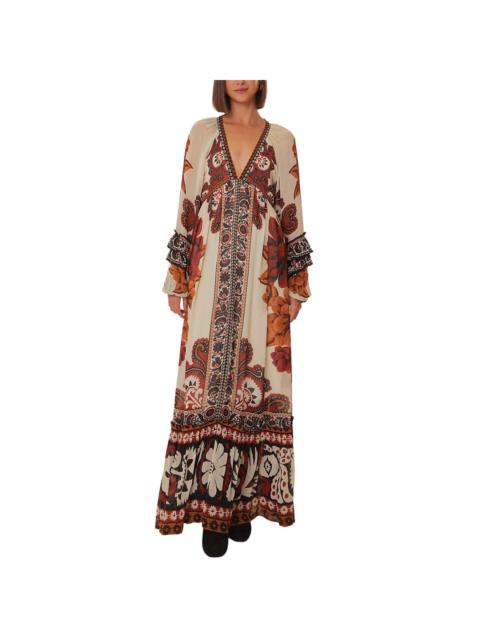FARM RIO FARM Rio Winter Tapestry Sand V Neckline Long Sleeve Maxi Dress
