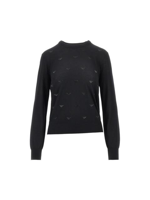 EMPORIO ARMANI Emporio Armani Strass Eagle Motif Wool Sweater Black