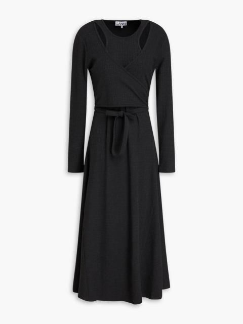 GANNI Cutout wrap-effect ribbed-knit midi dress