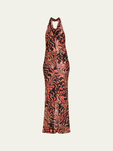 CHRISTOPHER JOHN ROGERS Wavy-Print Satin Cowl-Neck Halter Gown
